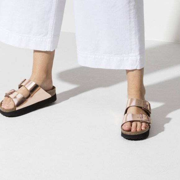Birkenstock’s Metallic Rose Gold Sandals - Picture 1 of 8